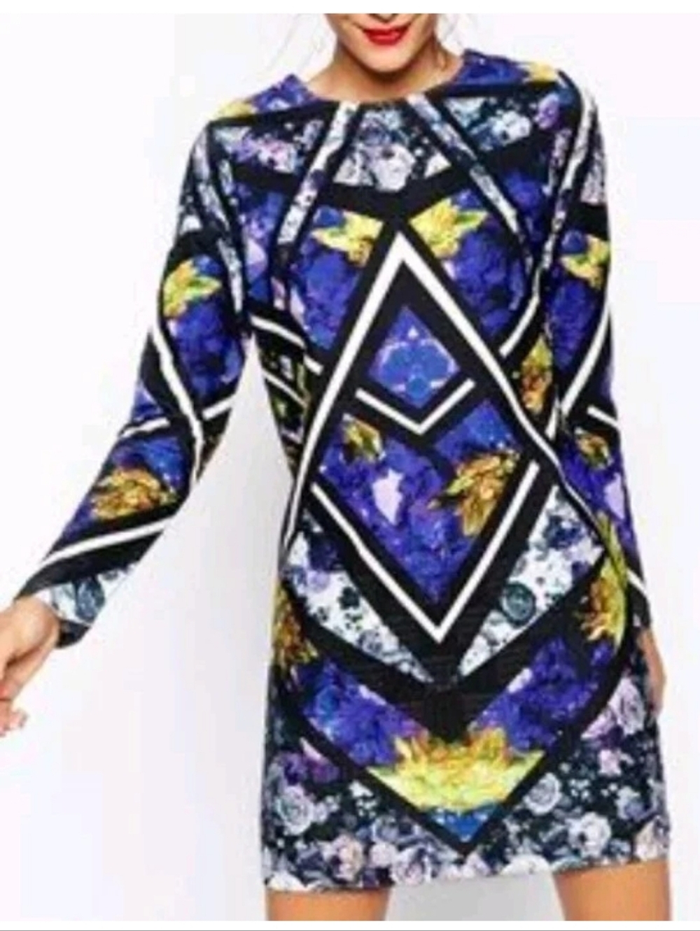 ASOS Quilted Mini Dress Woman M/10 Blue Floral Abstract Geometric Cottage Artsy